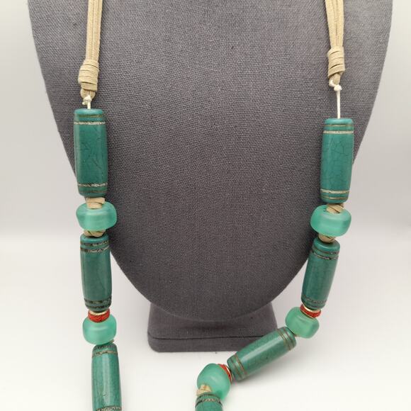 Vintage Chico's Boho 38 Inch Leather Glass Beads Long Tassel Necklace - Picture 4 of 12